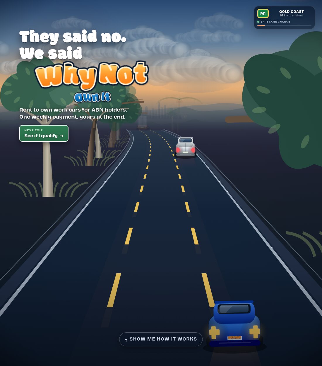 Why Not Own It website with its playable M1 drive homepage